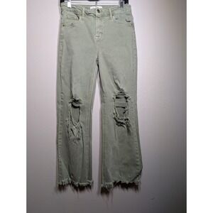 Risen 7/28 Green High‎ Rise Distressed Cropped Jeans